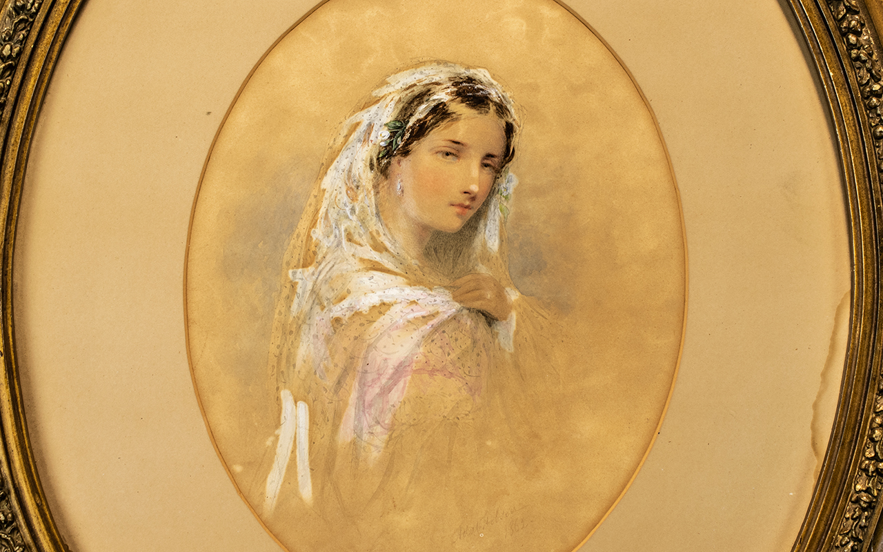 Early Victorian Watercolour of Gypsy Girl signed and dated 1862. Gypsy Girl housed in original