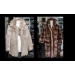 Coney Cream Fur Coat with leather trim, slit pockets, fully lined in patterned fabric, collar and