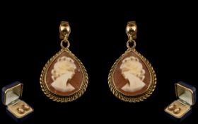 Ladies - 9ct Gold Mounted Pair of Cameo Earrings. Each with Images / Portraits of Classical Maidens.