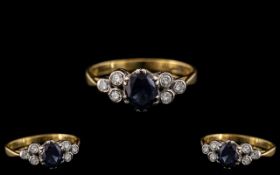 18ct Gold and Platinum Antique Period - Attractive Sapphire and Diamond Set Ring, The Central