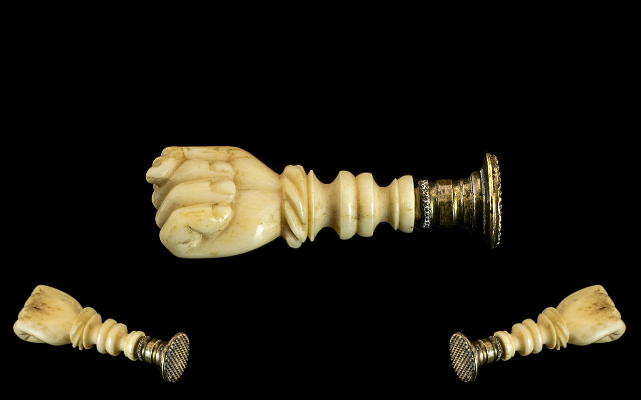 Antique Period - Nice Quality Carved Ivory and Brass Wax Seal In the Form of a Clenched Fist. c.