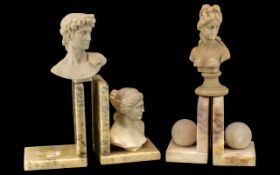 Two Sets of Alabaster Bookends in classical style, along with an alabaster figure.