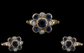 Antique Period - Attractive / Old 18ct Gold Sapphire and Diamond Set Dress Ring - Cluster Setting.