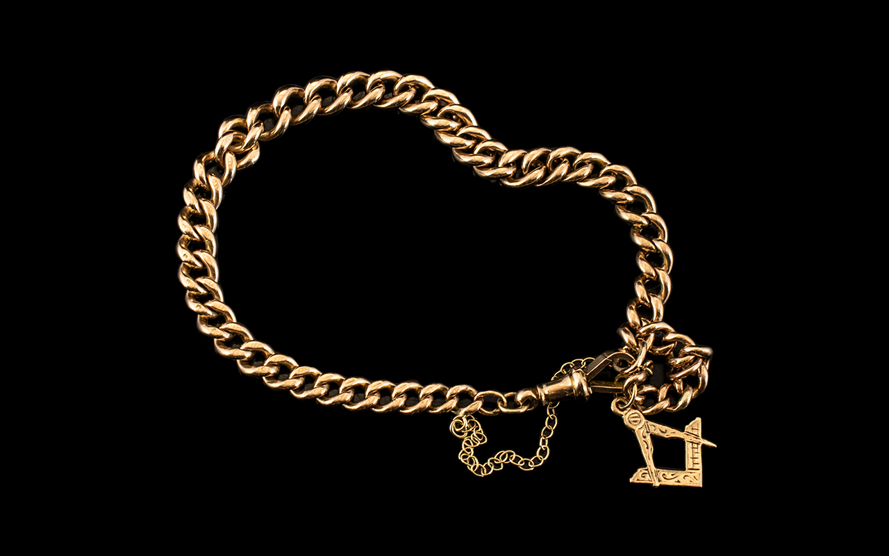 Antique Period 9ct Rose Gold Bracelet with Attached 9ct Gold Masonic Charm, Excellent Clasp. Every