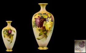 Royal Worcester Hand Painted Porcelain Signed Flower Vase of Tapered Form ' Roses ' Stillife. Signed