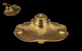 Art Nouveau Brass Inkwell Decorated with Flowers and Swirls In Brass. 17 cms Wide & 12 cms Depth.