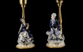 Pair of Capodimonte Figural Lamps depicting a young boy and girl, complete with shaped white silk