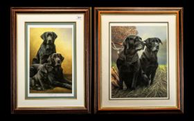 Two Limited Edition Signed Prints of Black Labrador Dogs, both mounted and framed behind glass in