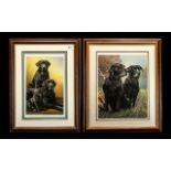 Two Limited Edition Signed Prints of Black Labrador Dogs, both mounted and framed behind glass in