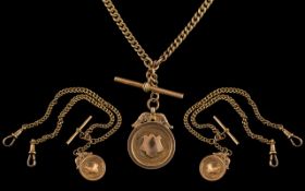 Antique Period Superb 9ct Gold Double Albert Watch Chain with T-Bar and Attached T-Bar. Every Link