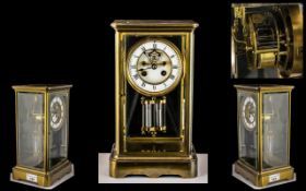 French - 19th Century Brass Four Glass Panel Striking Mantel Clock. c.1890. Features Twin Barrel