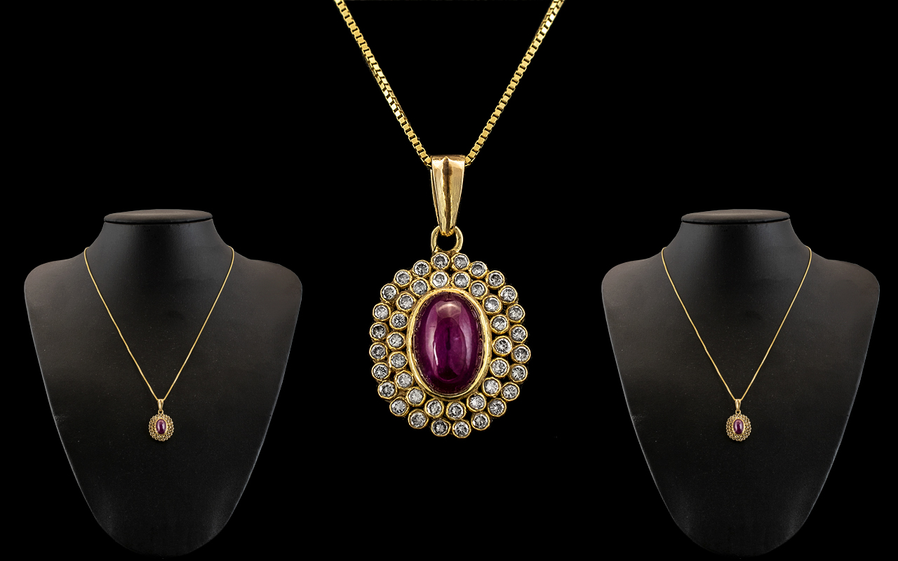 Antique Period - Wonderful and Attractive Ruby and Diamond Set Oval Shaped Pendant Attached to a