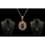 Antique Period - Wonderful and Attractive Ruby and Diamond Set Oval Shaped Pendant Attached to a