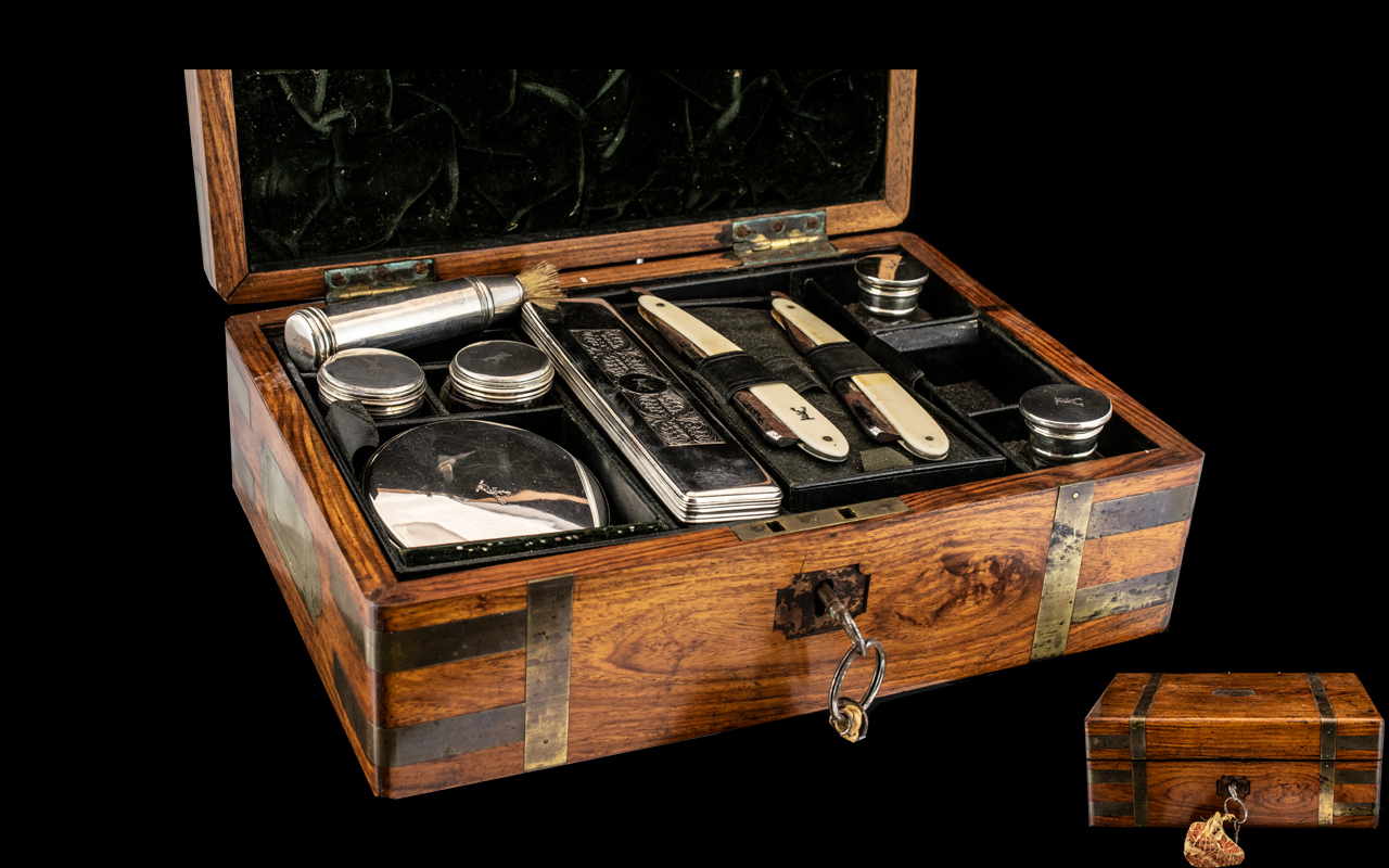 Georgian Gentleman's Travelling Campaign Vanity Box of walnut and brass bound construction. Silver