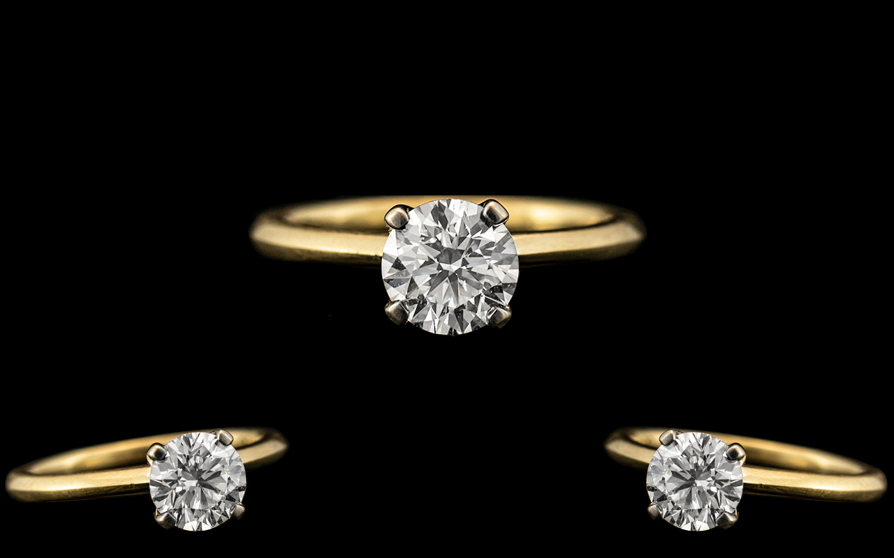 18ct Gold - Excellent Quality Single Stone Diamond Ring. The Modern Brilliant Cut Round Diamond of