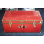 Large Trunk in red leatherette and brass trim, measures 36'' length, 14'' deep x 20'' wide. Ideal