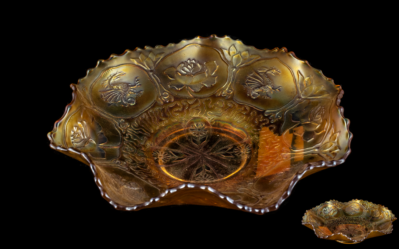 Northwood Carnival Glass Bowl 'Dragon and Rose' Pattern with wavy edge, c1900; 8 inches (20cms) in