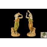 Royal Worcester Hand Painted Pair of Female Musical Figures, Each Playing a Tambourine and