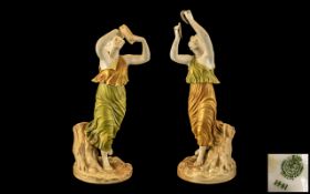 Royal Worcester Hand Painted Pair of Female Musical Figures, Each Playing a Tambourine and