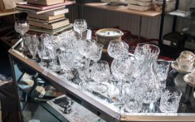 Full Collection of English Cut Crystal Glasses and decanter, including wine, brandy, sherry etc. All