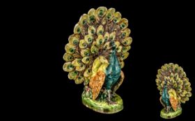 Victorian Period Majolica Hand Painted Flower Holder In the Form of a Peacock, Impressed Numbers