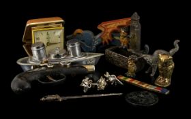 Box of Collectibles to include a lighter in the form of a gun, desk tidy, salt and pepper in the