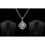 Ladies 18ct White Gold - Attractive and Exquisite Diamond Set Pendant / Drop with Attached 9ct White