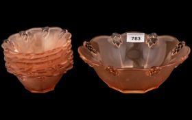 Early 20th Century Glass Salad/ Fruit Bowl and Six Dishes, a full set, 1900s- 1910s