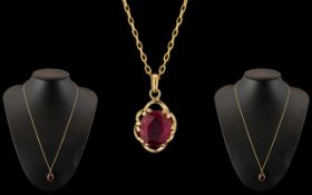 9ct Gold - Attractive Stone Set Pendant - Attached to a Long 9ct Gold Fancy Chain. Both Marked for