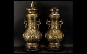 Pair of Chinese Brass Vases converted to lamps in the archaic style, on wood bases; overall height