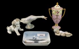 Lladro Goose, a dog, cherub figure, Copenhagen pin tray and small Mintons lidded vase (5)