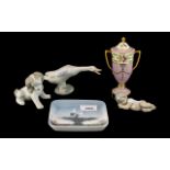 Lladro Goose, a dog, cherub figure, Copenhagen pin tray and small Mintons lidded vase (5)