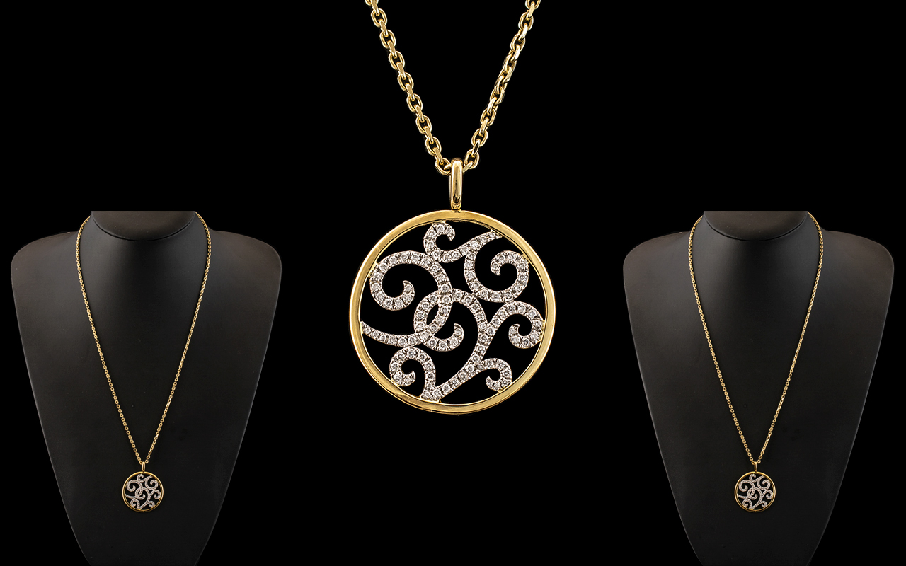 Ladies Attractive 18ct Two Tone Gold Diamond Set Circular Pendant of Exquisite Form / Design.