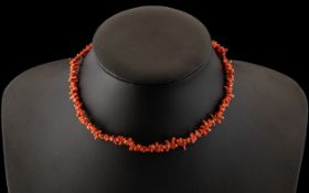 Pink Coral Necklace. Early 20th Century Necklace with Gold Coloured Clasp. 14 Inches In length.