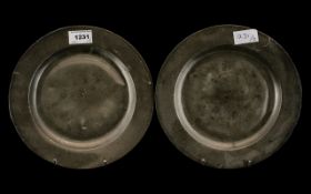 Pair of Antique Pewter Dinner Plates with London touch marks to the underside; 7 inches (17.5cms) in