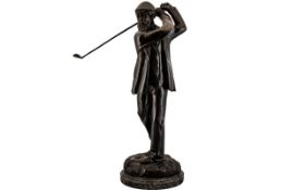 Large Bronze Golfing Figure on Marble Base, large heavy bronze figure of a gentleman in early