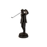 Large Bronze Golfing Figure on Marble Base, large heavy bronze figure of a gentleman in early