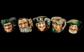 Five Royal Doulton Toby Jugs 4'' Size, depicting 'The Poacher', 'Merlin', 'Dick Turpin', 'Long