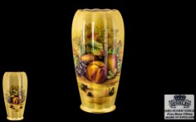 Aynsley Fine Bone China ' Orchard Gold ' Rubbed Vase - Fallen Fruits Stillife. Height 9 Inches -