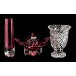 Cut Glass Vase, ruby red 1960's petal shaped glass dish and a fluted vase (3)