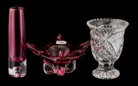 Cut Glass Vase, ruby red 1960's petal shaped glass dish and a fluted vase (3)