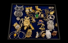 Lovely Collection of Owl Costume Jewellery comprising brooches, pendants, key ring, tie pin, etc.