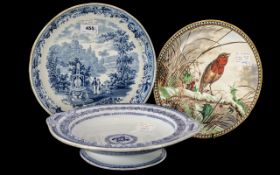 Staffordshire Transfer Printed Blue and White Pottery Comport, Prince of Wales crested comport and a