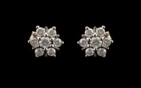 18ct Gold - Attractive Pair of Diamond Set Cluster Earrings. Flower head Design. Full 18ct