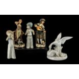Pair Cascades Figures of Children 6'' high; White porcelain group of swans 6'' high; Pair of