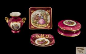 Limoges of France Porcelain comprising a pin tray, a lidded trinket box, a small 3'' vase, and a