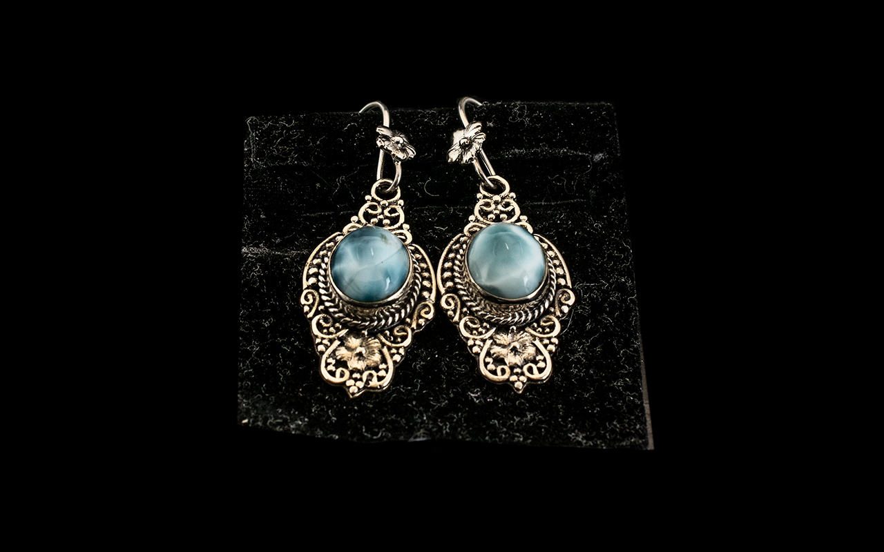 Larimar Long Drop Earrings, two solitaire, oval cabochon cuts of larimar, the beautiful, rare, sea