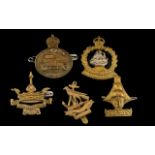 Collection Of Five Cap Badges To Include R.N.A.S, Drake Auxiliodivino, Nelson, Steady Hood & Nil