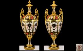 Royal Crown Derby Superb Quality - Showcase Early Pair of Large Urn Shaped and Impressed Old Imari