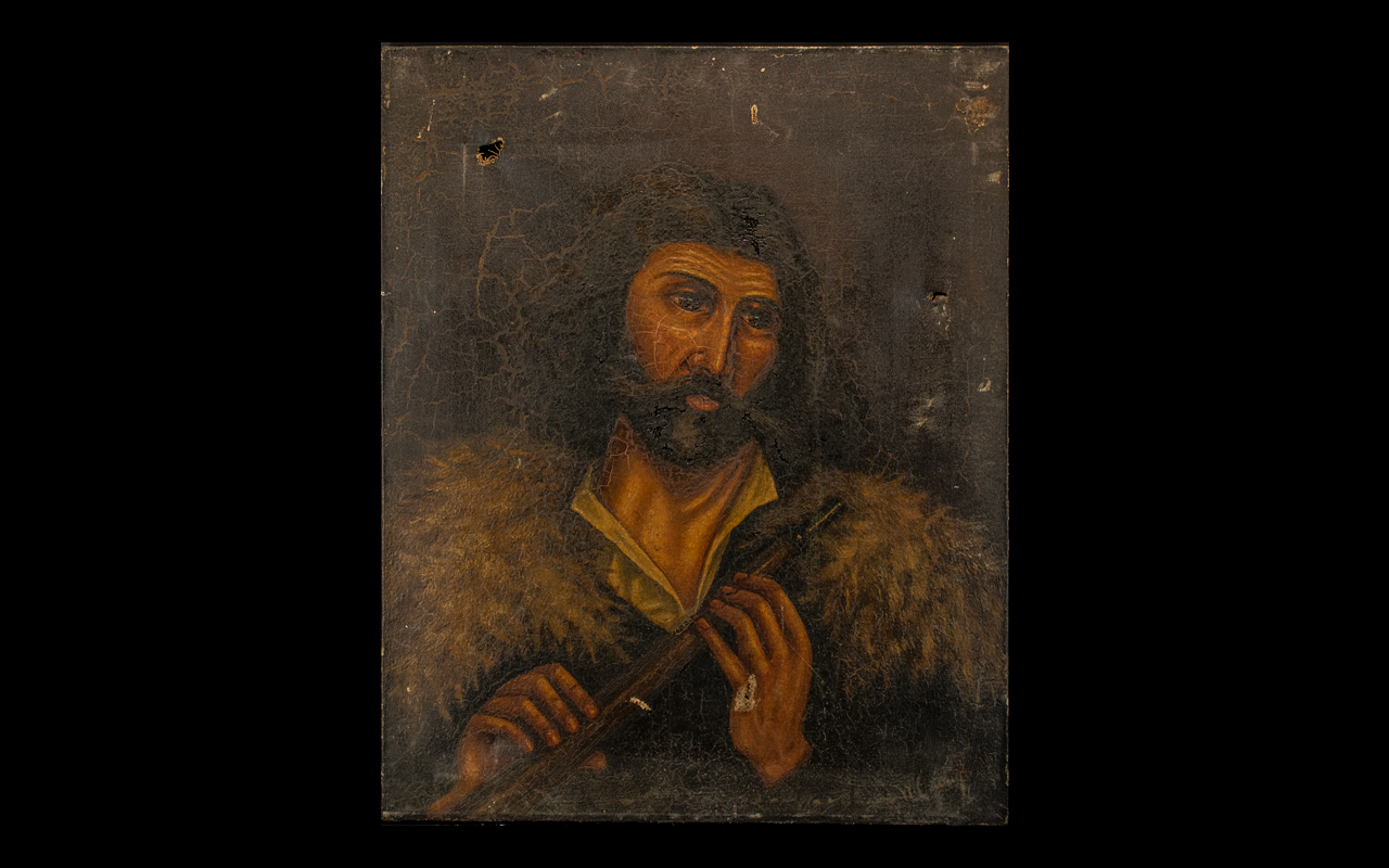 Antique Oil on Canvas, gypsy man playing a flute whilst looking deep in thought; 18th/19thC; 22